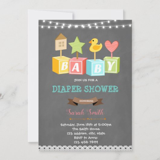 Invitation baby shower de bloc de construction (Devant)
