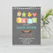 Invitation baby shower de bloc de construction (Debout devant)