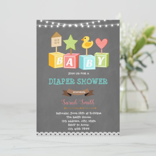 Invitation baby shower de bloc de construction (Debout devant)