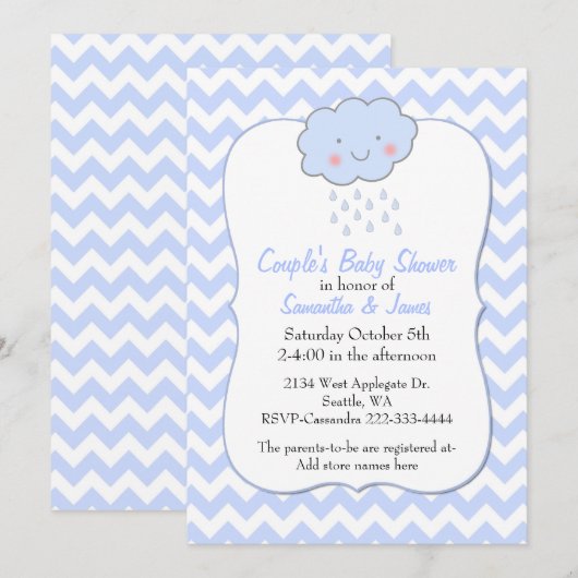 Invitation Baby shower de Blue Chevron Couple (Devant / Derrière)