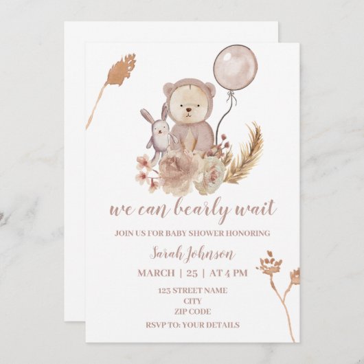 invitation baby shower de boho bear (Devant / Derrière)