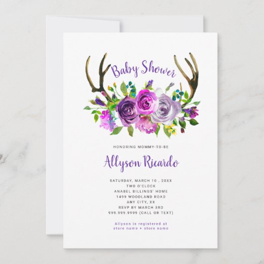 Invitation Baby shower de Boho Floral Violet (Devant)
