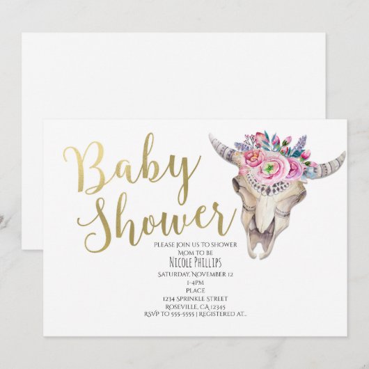Invitation Baby shower de Boho Or Crâne de vache F (Devant / Derrière)