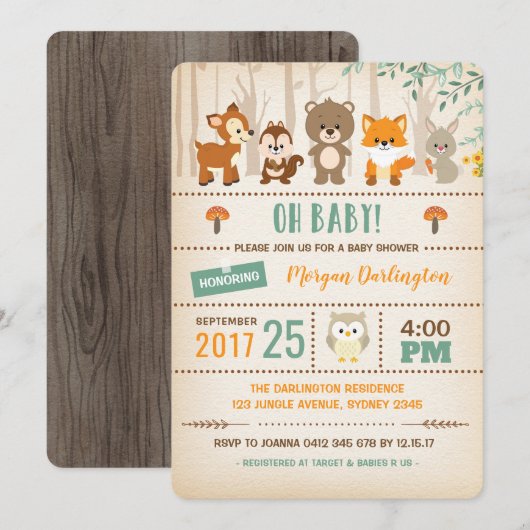 Invitation Baby shower de bois Animaux forestiers (Devant / Derrière)