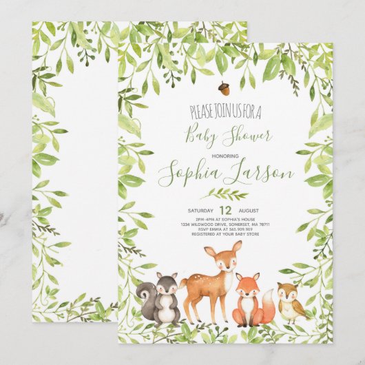 Invitation Baby shower de bois Animaux forestiers (Devant / Derrière)