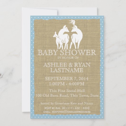 Invitation Baby shower de bois bleu cerfs et burlap (Devant)