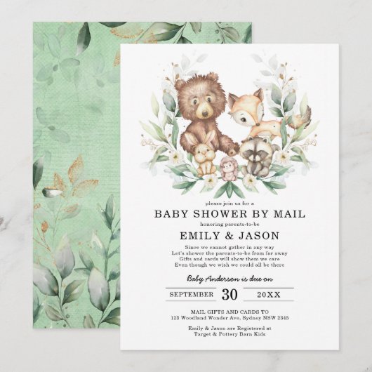 Invitation Baby shower De Bois Cute Par Mail Greenery Gold (Devant / Derrière)