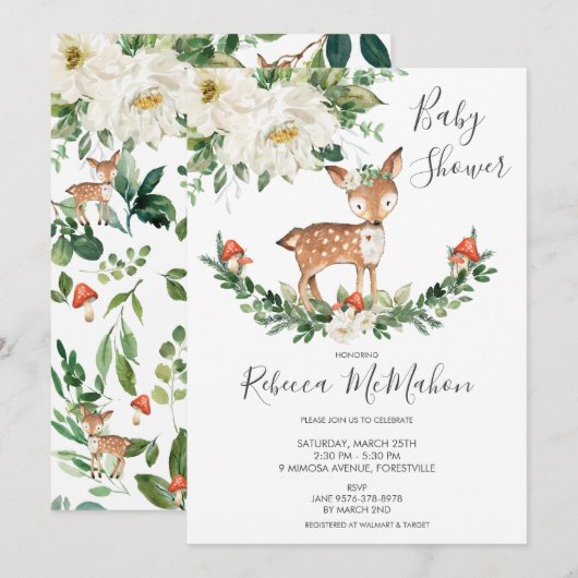 Invitation Baby shower de bois de la faune de cerf blanc ivoi (Devant / Derrière)