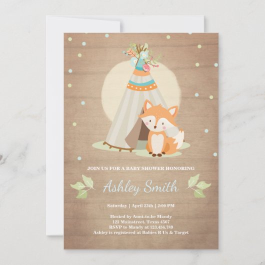Invitation baby shower de bois Fox Teepee pow wow (Devant)