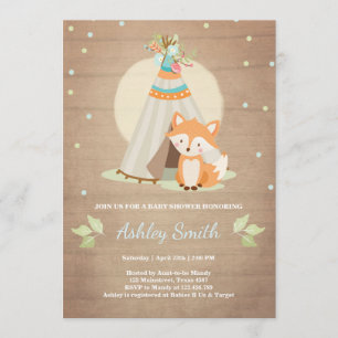 Invitation baby shower de bois Fox Teepee pow wow