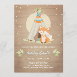 Invitation baby shower de bois Fox Teepee pow wow
