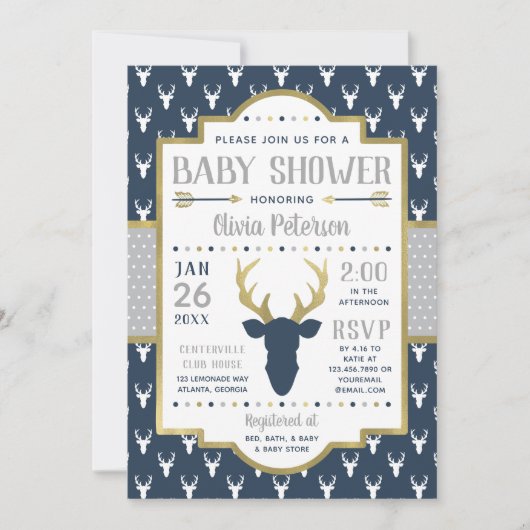 Invitation Baby shower de bois, Marine, Grey, Or (Devant)
