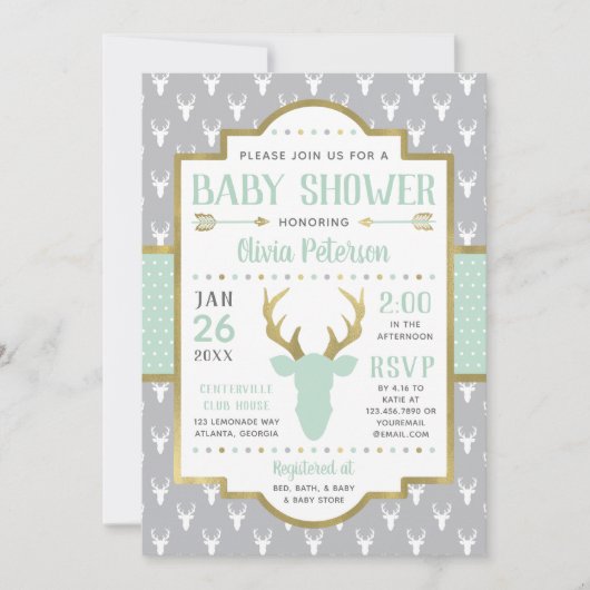 Invitation Baby shower de bois, Monnaie, Gris (Devant)