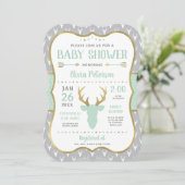 Invitation Baby shower de bois, Monnaie, Gris, Or (Debout devant)