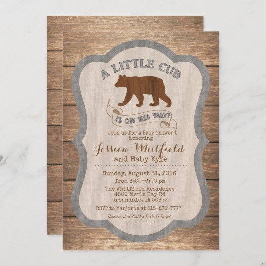 Invitation Baby shower de bois rustique Ours (Devant / Derrière)