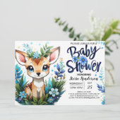 Invitation Baby shower de bois Whimsical Blue Fawn pour garço (Debout devant)