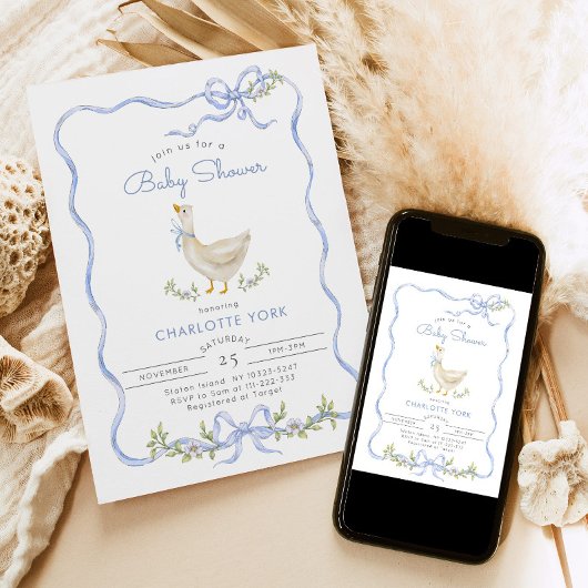 Invitation Baby shower de boue florale bleu oie