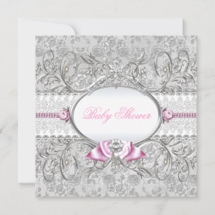 Invitation Baby shower de boue florale rose et arg