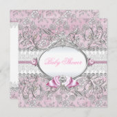 Invitation Baby shower de boue florale rose et arg (Devant / Derrière)