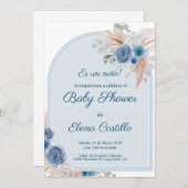 Invitation Baby shower de bouho bleu (Devant / Derrière)