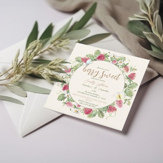 Invitation Baby shower de bouho floral de fraise d'aquarelle