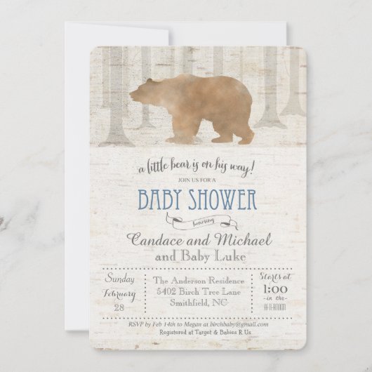 Invitation Baby shower de bouleau d'ours (Devant)