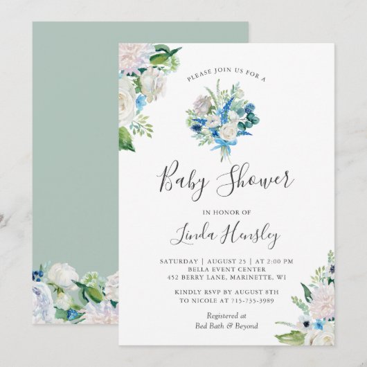 Invitation Baby shower de bouquet floral bleu bleu Sage (Devant / Derrière)