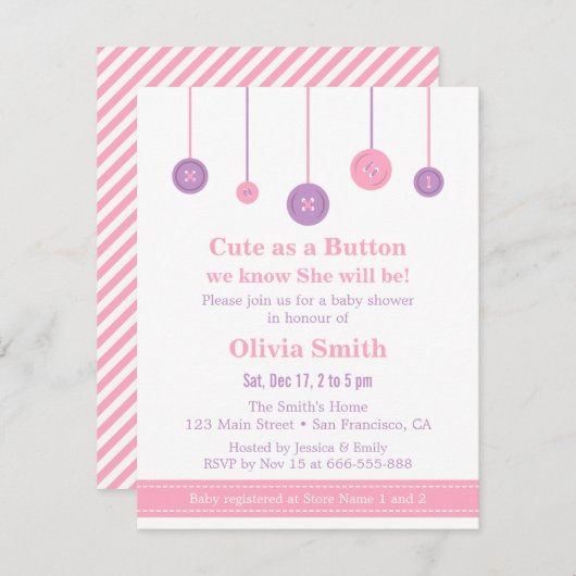 Invitation Baby shower de boutons mauve rose (Devant / Derrière)