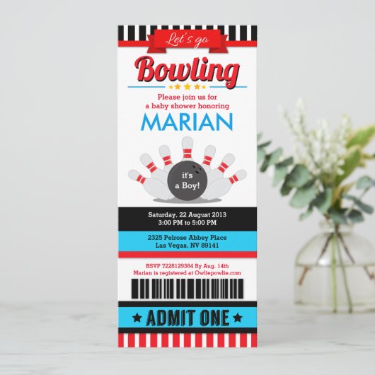 Invitation Baby shower de Bowling Ticket Pass (Debout devant)