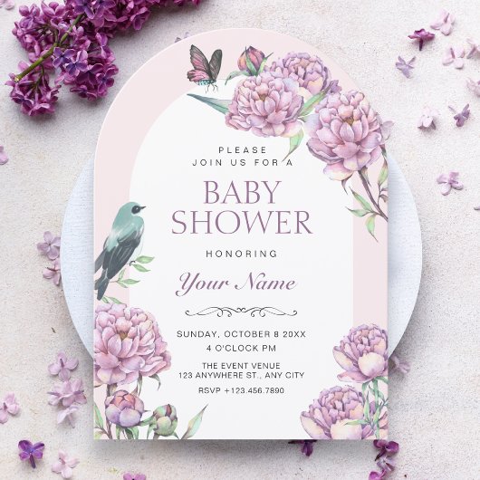 Invitation Baby shower de branche florale violette