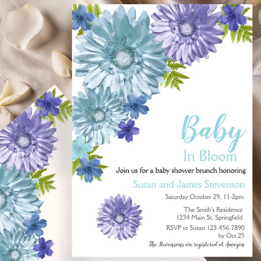Invitation Baby Shower de Brunch Fleur Bleue en Fleur