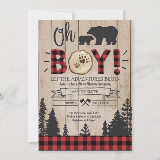 Invitation Baby shower de bûcheron Bois Ours Cub Plaid Bois (Devant)