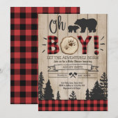 Invitation Baby shower de bûcheron Bois Ours Cub Plaid Bois (Devant / Derrière)