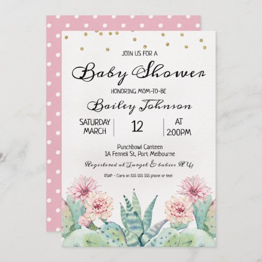 Invitation Baby shower de cactus d'aquarelle pour (Devant / Derrière)
