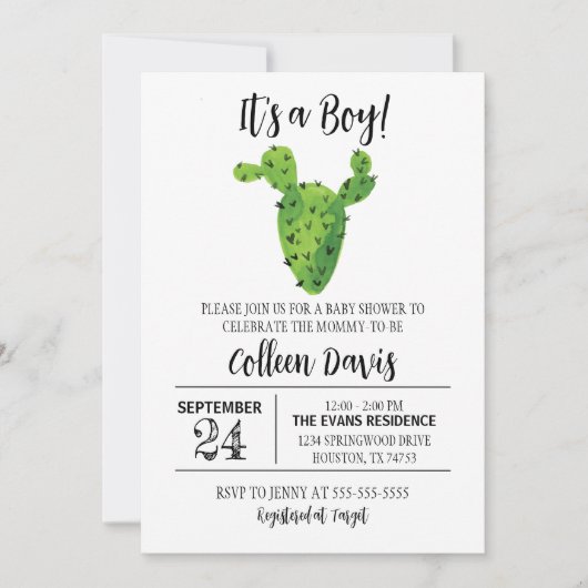Invitation Baby shower de cactus noir et blanc (Devant)
