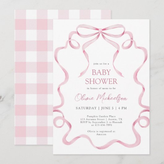 Invitation Baby shower de cadre à ruban adhésif rose Coquette (Devant / Derrière)