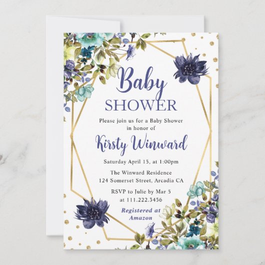 Invitation Baby shower de cadre bleu et marine Fleurs d'été (Devant)