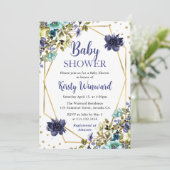 Invitation Baby shower de cadre bleu et marine Fleurs d'été (Debout devant)