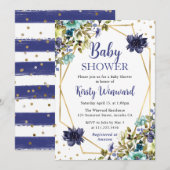 Invitation Baby shower de cadre bleu et marine Fleurs d'été (Devant / Derrière)