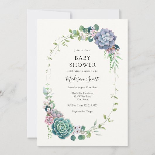 Invitation Baby shower de cadre de verdure et de succulent (Devant)