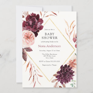 Invitation Baby shower de cadre d'or floral de Bourgogne d'au