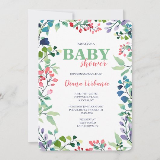 Invitation Baby shower de cadre Floral Aquarelle (Devant)