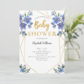 Invitation Baby shower de cadre géométrique Fleurs bleues (Debout devant)