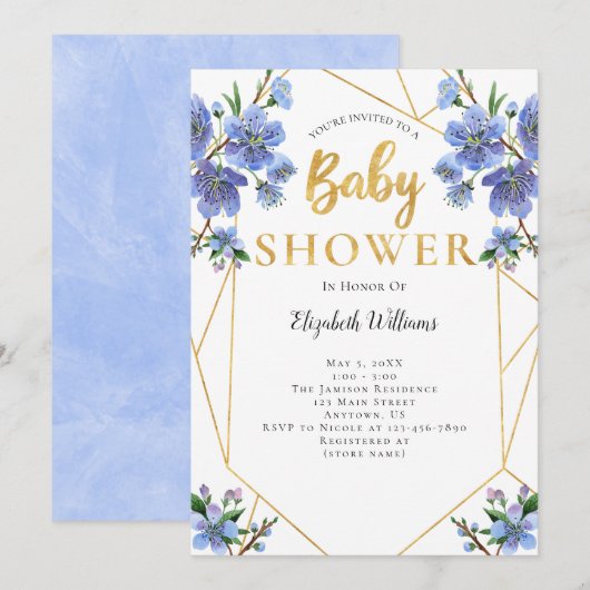 Invitation Baby shower de cadre géométrique Fleurs bleues (Devant / Derrière)