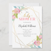 Invitation Baby shower de cadre géométrique Fleurs roses (Devant)