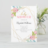 Invitation Baby shower de cadre géométrique Fleurs roses (Debout devant)