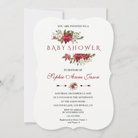 Invitation Baby shower de cadre rouge de Noël Poinsettia (Devant)