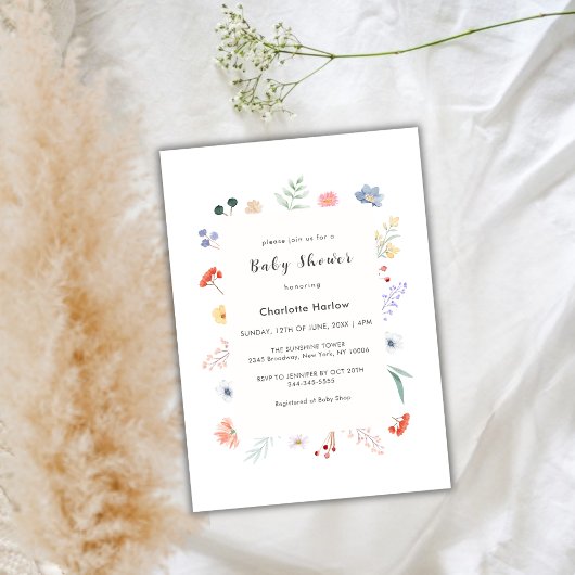 Invitation Baby shower de cadre végétal Fleur sauvage Boho mi