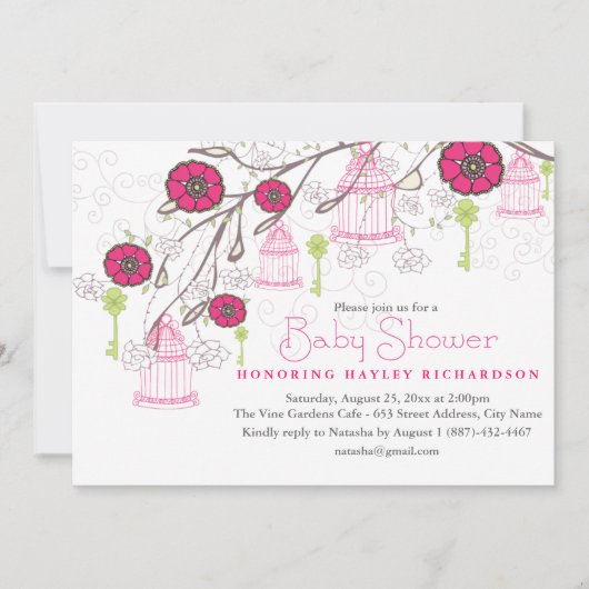 Invitation Baby shower de cage à oiseaux rose et v (Devant)