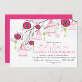 Invitation Baby shower de cage à oiseaux rose et v (Devant / Derrière)